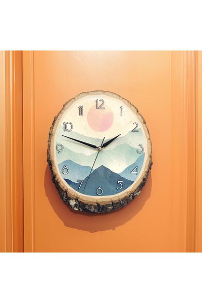 CajuArt Decorative Painting on a Log Mountains Sun Design Wall Clock Decor