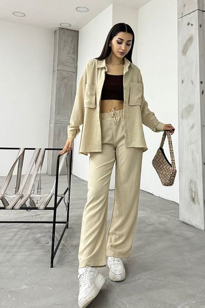 lovebox Damen Leinenstoff Balgtasche Detail Hemd und Hose Beige Übergröße Doppel Set 12093