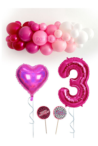 parti pera Fuşya Pembe Beyaz Balon Zinciri Seti Hologramlı Kalp Folyo Balon D...