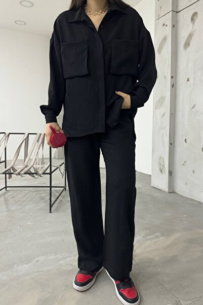 lovebox Női lenvászon szövet fújtatós zseb részletes ing és nadrág fekete túlméretes dupla szett 12093