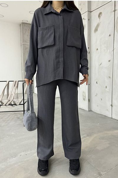 vuvutasarım Antresit-Hemd und Hose aus Leinenstoff mit Blasebalgtaschen-Design, Übergröße, Doppelset 12093