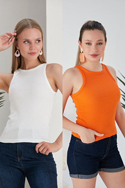 White Orange 2-Piece Fitted Flexible Knitted Blouse Set