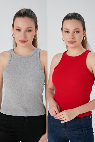 CATSPY Gri Kırmızı 2'li Fitted/Vücuda Oturan Fitilli Esnek Örme Bluz Set
