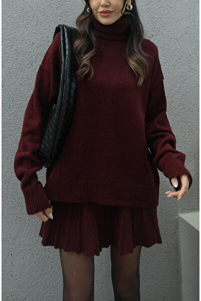 My Blog Női bordó redős kötöttáru szoknya magas pulóver szett