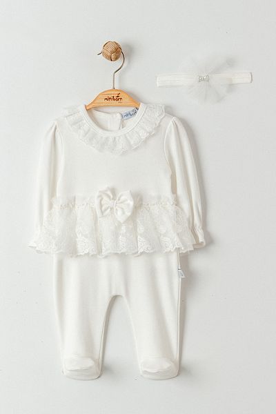 MİNİBORN NEW BORN GIRL LONG SLEEVE ECRU WAIST RUFFLED LARA JUMPSUIT SET