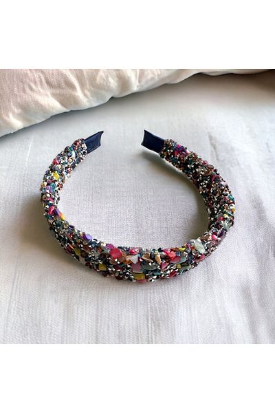 alsaccessories Кристална корона за коса, мъниста и цветни камъни върху тъмносиня корона