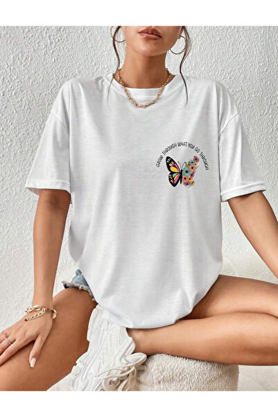 FAVORİST Μπλουζάκι από βαμβακερό μπλουζάκι με στάμπα με πεταλούδα και λουλούδια