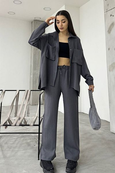 vuvutasarım Antresit-Hemd und Hose aus Leinenstoff mit Blasebalgtaschen-Design, Übergröße, Doppelset 12093