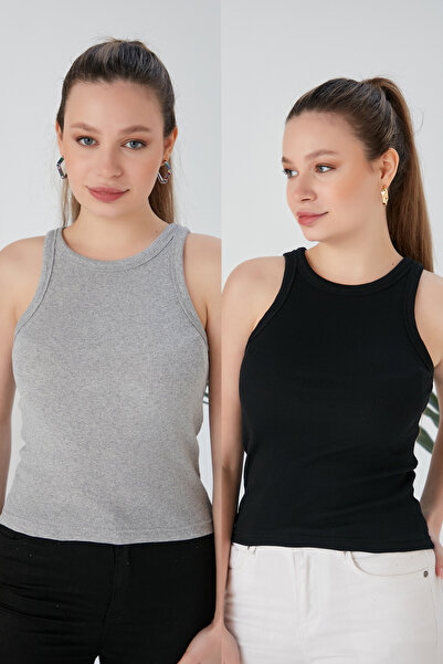 CATSPY Γκρι Μαύρο Σετ 2 Εφαρμοσμένες/Καταμοσμένες Κοτλέ ελαστικές πλεκτές μπλ...