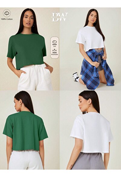 FAVORİST طقم تي شيرت نسائي قصير مكون من قطعتين سادة غير مطبوع (كبير الحجم) قط...