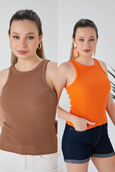 CATSPY Πορτοκαλί Σετ 2 Κοτλέ ελαστική πλεκτή μπλούζα - Μπισκότο