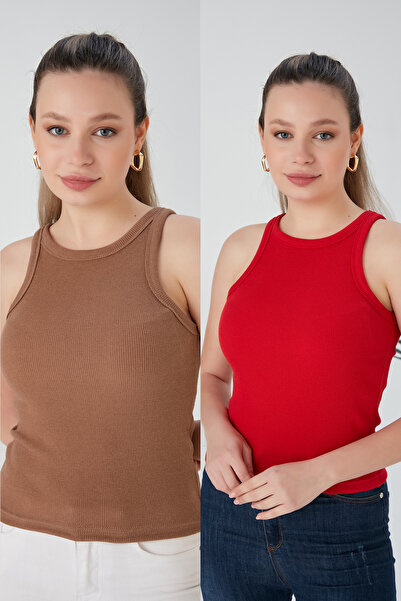 CATSPY Μπισκότο Κόκκινο Σετ 2 Εφαρμοσμένο/Καθιστό Κοτλέ ελαστική πλεκτή μπλούζα