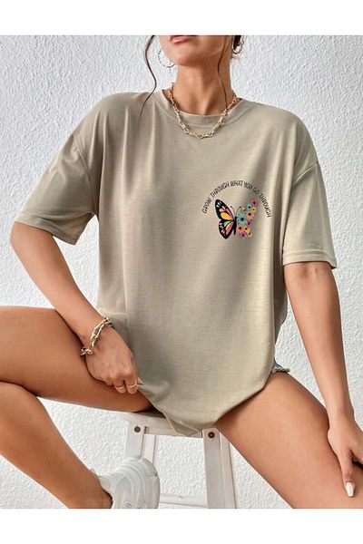 FAVORİST Tricou oversize din bumbac cu imprimeu cu fluturi și flori