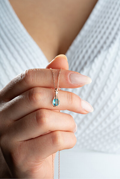 ESSARE 925 Ayar Gümüş Rose Kaplama Balon İçinde Aquamarine Taşlı Kolye
