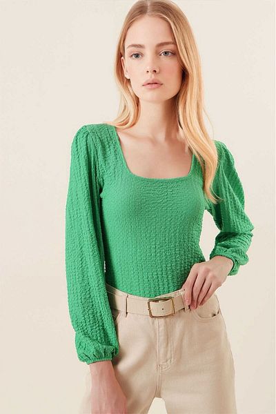 hazelin Bluză tricotată pentru femei, verde, cu mânecă balon, cu guler pătrat texturat Hzl23w-bd104421