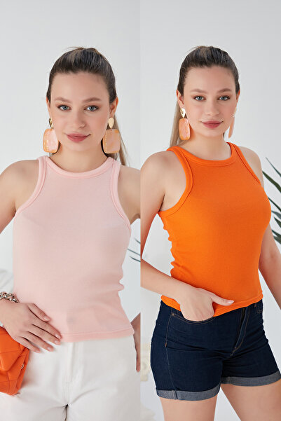 CATSPY Πορτοκαλί πούδρα - Σετ 2 ελαστικών πλεκτών μπλούζες με ραβδώσεις