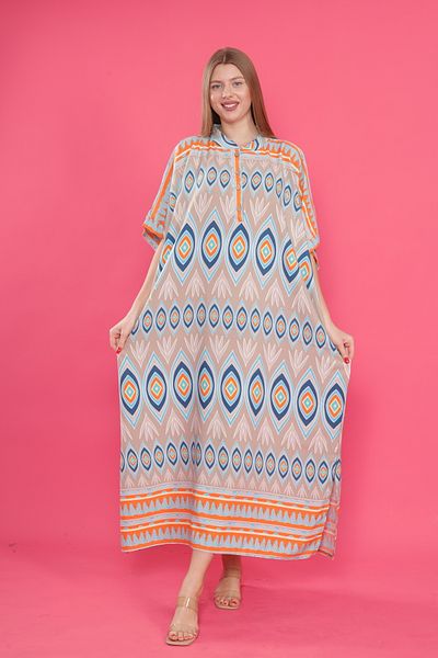 mervemoda Γυναικείο υφαντό φόρεμα με κυρίαρχο γιακά μπροστά με μοτίβο με μανίκια με σκίσιμο