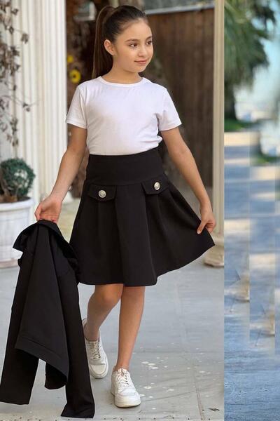 Riccotarz Girl's Silver Button and Ruffle Detailed Black Jacket Skirt Suit