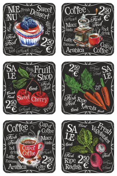 Hayat Poster Chalk font menu on blackboard coffee kitchen cafe bar decor 6-piece wooden coaster set