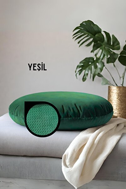 Elyaf Sepeti Yuvarlak Pofuduk Yer Minderi Puf Minder Bench Yumuşak Kumaş 68x68x15 cm yeşil