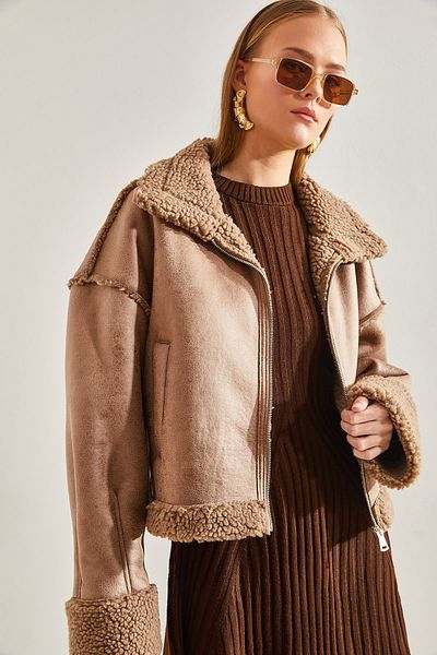 Bianco Lucci Γυναικείο μανίκι πιέτες Λεπτομέρεια Laminated Tree Bark Coat 233560101004