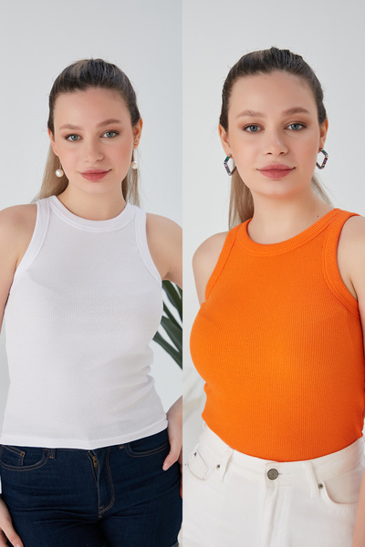 CATSPY Set de 2 modele Zargo - Bluză crop tricotată cu nervuri elastice, gule...