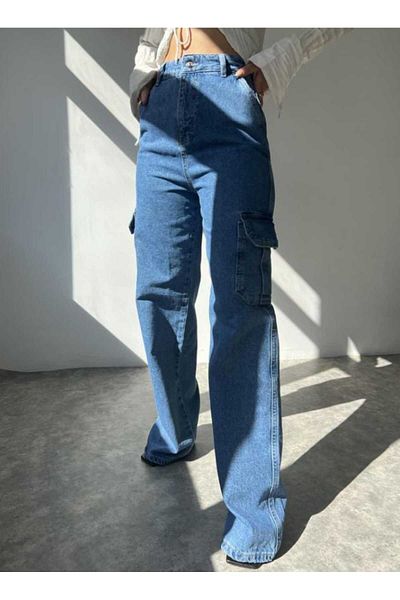 Livik Pantaloni Palazzo Cargo Model Licra Albastru Mediu Fara Buzunare La Spate