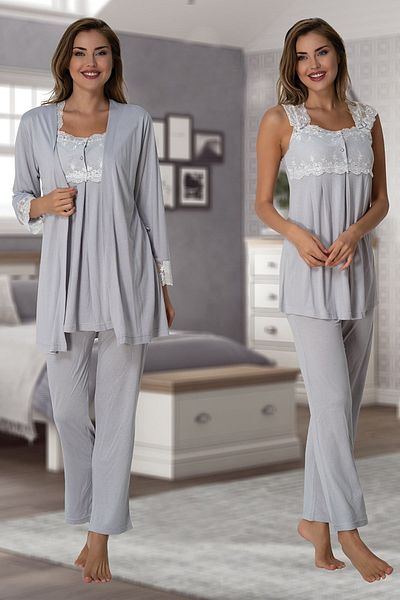 lohusahamile Gray Lace Maternity Pajamas Set with Dressing Gown 2301