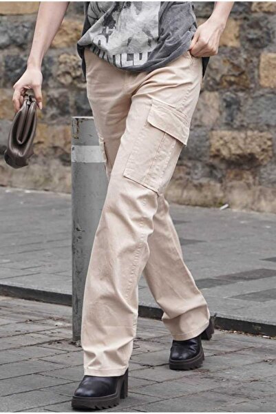 Livik Ψηλόμεσο Lycra Beige Χρώμα Πίσω Παντελόνι Cargo χωρίς τσέπη