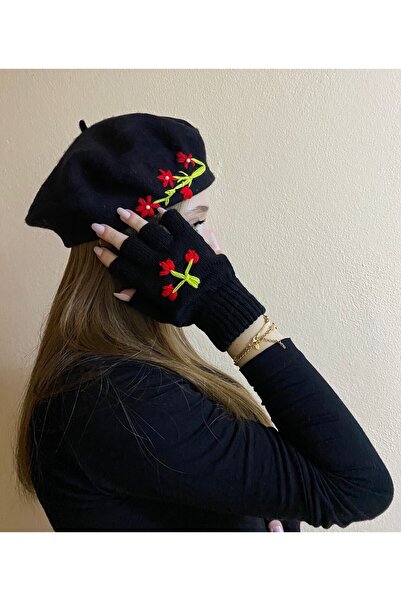 sema aksesuar Handmade Red Flower Embroidered Black French Painter Beret And Cut Fingers Gloves Set