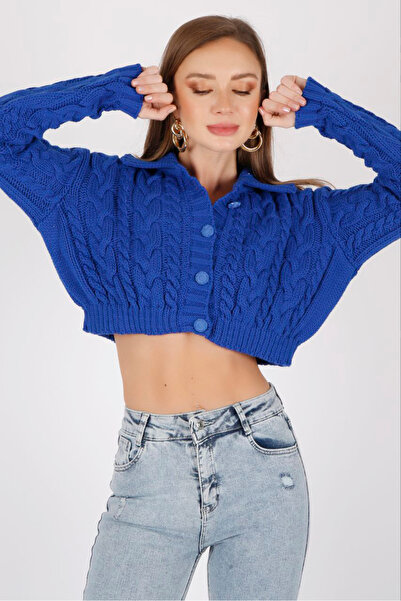 ALCHON Polo Yaka Uzun Kollu Saç Örgülü Dört Düğmeli Crop Kısa Triko Hırka