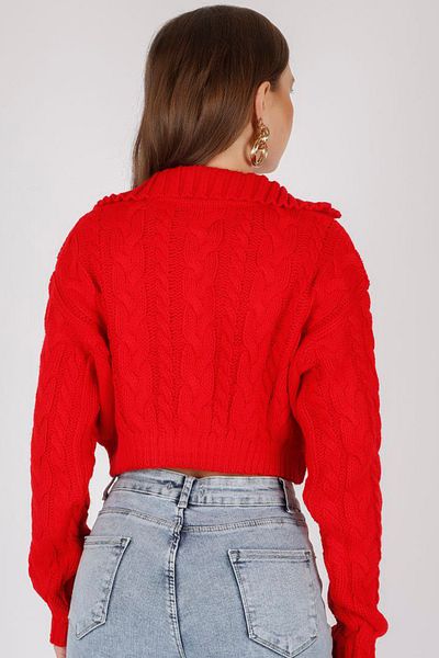 ALCHON Polo Collar Long Sleeve Hair Braided Four Button Crop Short Knitwear Cardigan
