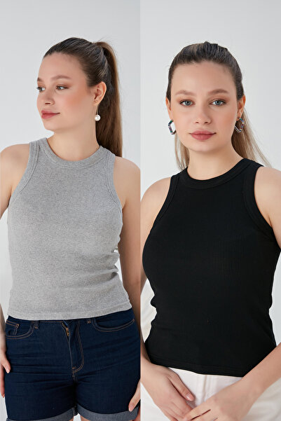 CATSPY Gri Negru Zargo Model Set de 2 Bluză crop tricotată flexibilă cu nervu...