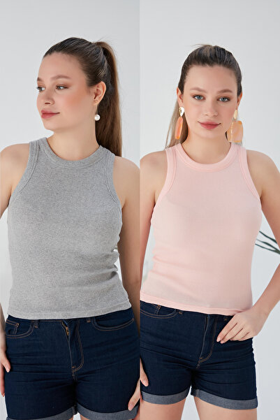 CATSPY Gri Pudra Zargo Model 2'li Set Fitted Geniş Biyeli Halter Yaka Fitilli...