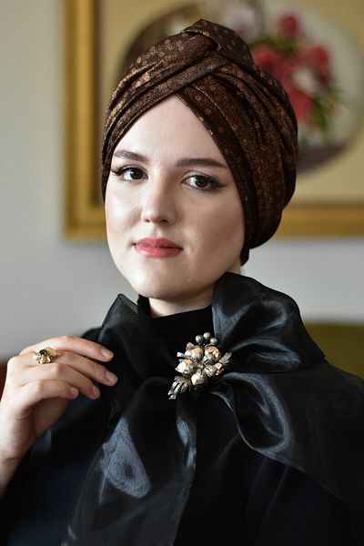 ARTİZİA bitter coffee color glitter printed limited edition stylish no fill islamic cap, ready wrap, ready turban