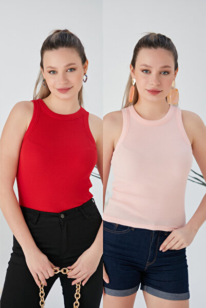 CATSPY Red Powder Zargo Model Set de 2 bluză crop tricotată flexibilă, cu gul...