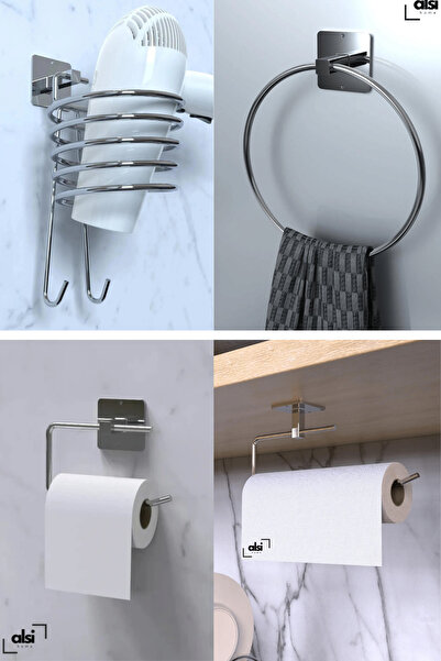 ALSİ HOME Yapışkanlı Gümüş Fön Askısı Wc Tuvalet Kağıtlık Rulo Yuvarlak Havlu...