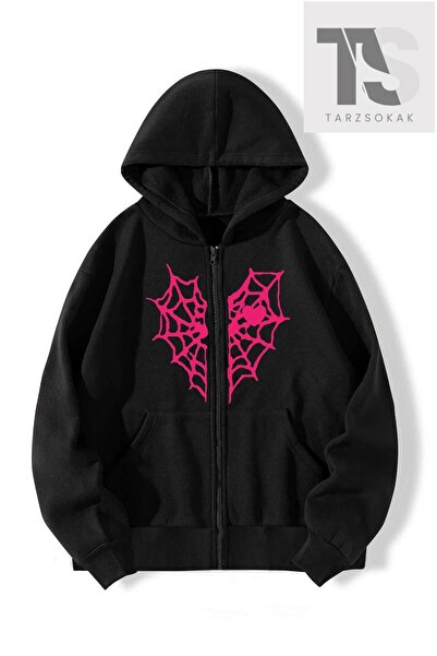 Tarzsokak سترة بسحّاب على شكل شبكة عنكبوت على شكل قلب أحمر باللون الأسود