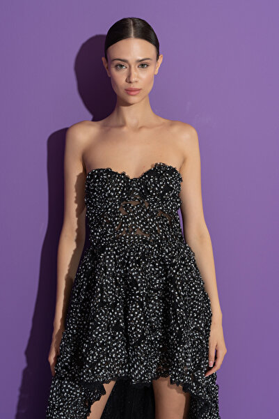 Kikiriki Siyah-Kirli Beyaz Önü Kısa Arkası Uzun Güllü Şifon Elbise