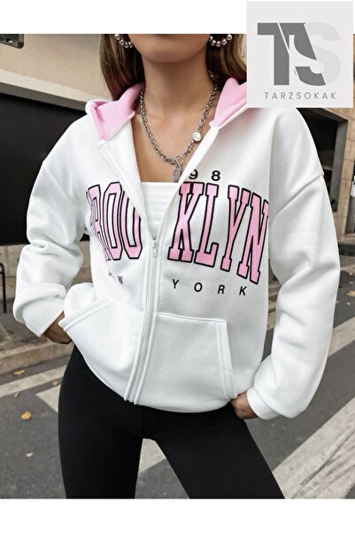 Tarzsokak Beyaz Pembe Kapüşonlu Fermuarli Brooklyn Oversize