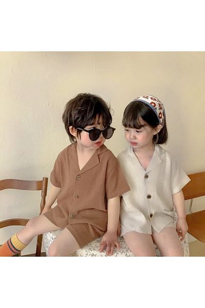 barin kids Fiúk és lányok uniszex nyári vászon ing rövidnadrág szett