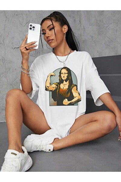 AEMİ تي شيرت قطني 100% برقبة دائرية وطبعة الموناليزا العضلية للجنسين