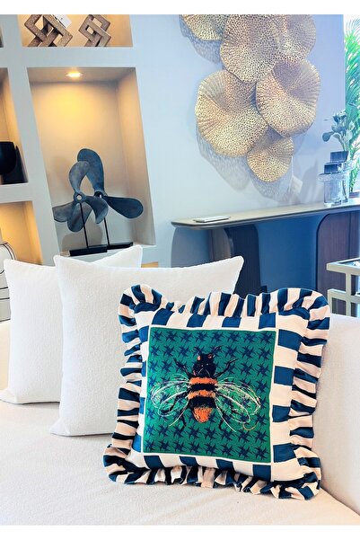 ge living Зелений оксамитовий чохол для подушки з візерунком бджіл - серія Hope, спеціальний дизайн з рюшами