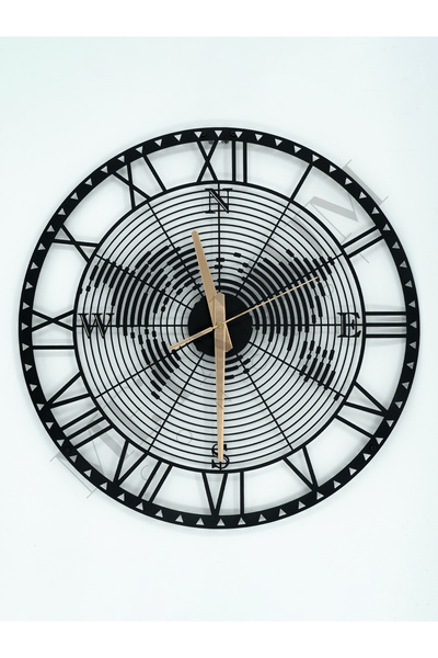 Metalium Concept Dekoratif Sessiz Siyah Metal Duvar Saati Pusula Temalı Dünya Haritası 60x60cm