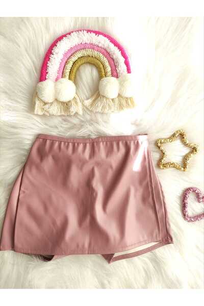 eladamoda Kız Çocuk Gül Kurusu Deri Şort Etek