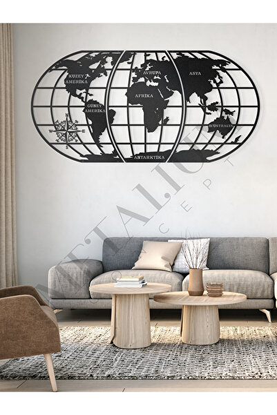 Metalium Concept Dekoratif Türkçe Kıta Yazılı Dünya Haritası Metal Duvar Tabl...