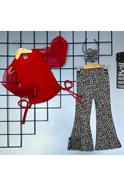 KOKOSH Kız çocuk kolları organze leopar desenli pantolonlu takım