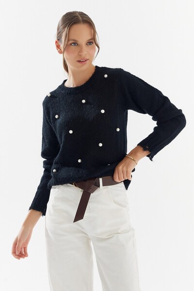 ASUKA ONLİNE Ithal Incili Yırtık Görünümlü Spor Şık Kazak Siyah