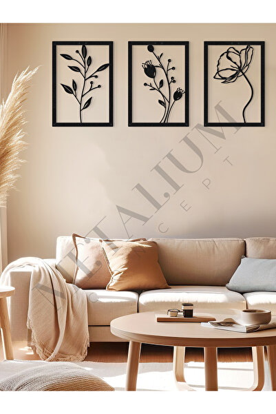Metalium Concept Dekoratif Üçlü Set Metal Duvar Tablosu Gelincik Çiçeği Temal...