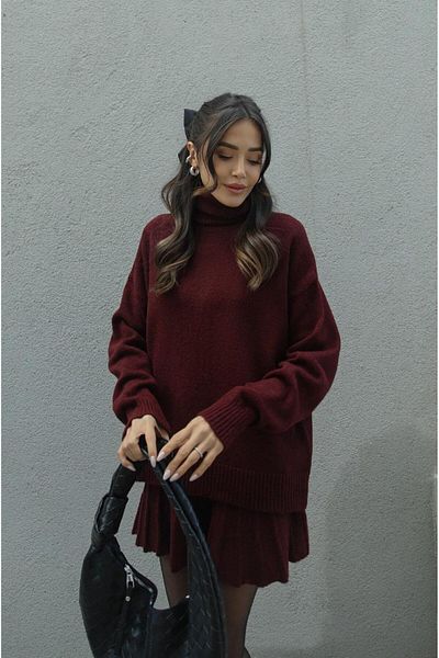 Mooi Butik Burgunderfarbenes, plissiertes Minirock-Fischerpullover-Unterteil-Oberteil-Strickset